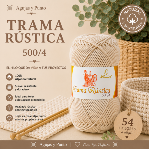 Trama Rústica 500/4 de Limol, hilo de algodón natural para crochet y dos agujas con 54 colores disponibles.