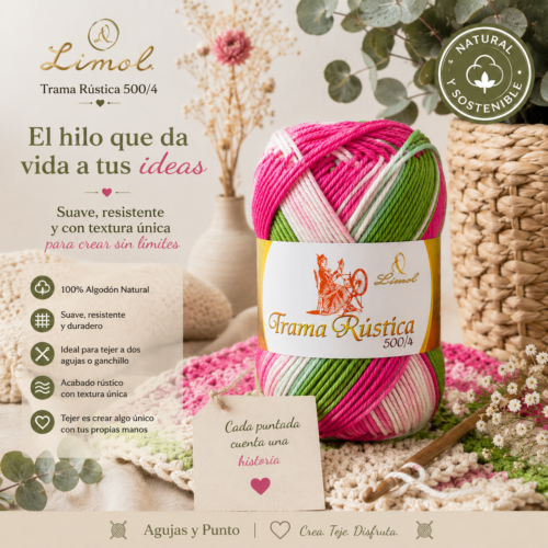Trama Rústica 500/4 Limol, hilo de algodón natural multicolor para crochet y dos agujas con acabado rústico - Agujas y Punto
