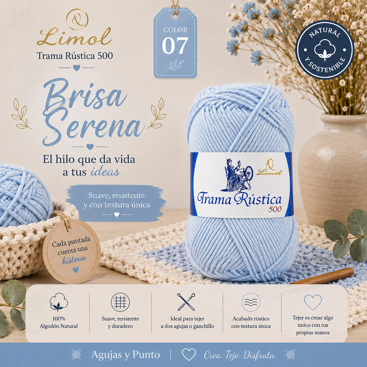 Trama Rústica 500 Limol color 04 Brisa Suave algodón natural para crochet, punto y macramé | Agujas y Punto