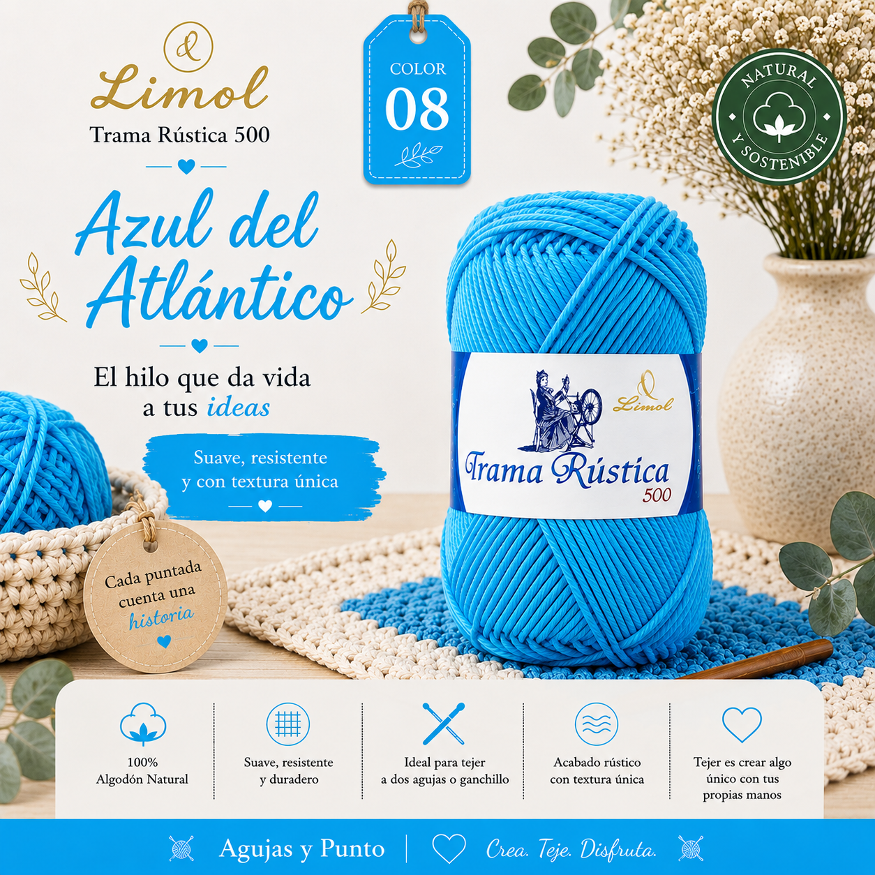 Trama Rústica 500 Limol color 08 Azul del Atlántico algodón natural para crochet, punto y macramé | Agujas y Punto