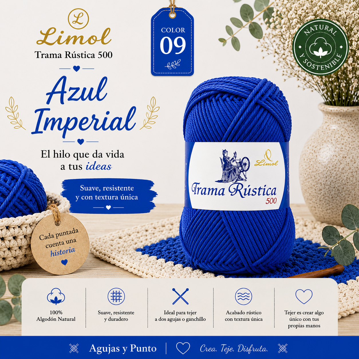 Trama Rústica 500 Limol color 09 Azul Imperial algodón natural para crochet, punto y macramé | Agujas y Punto