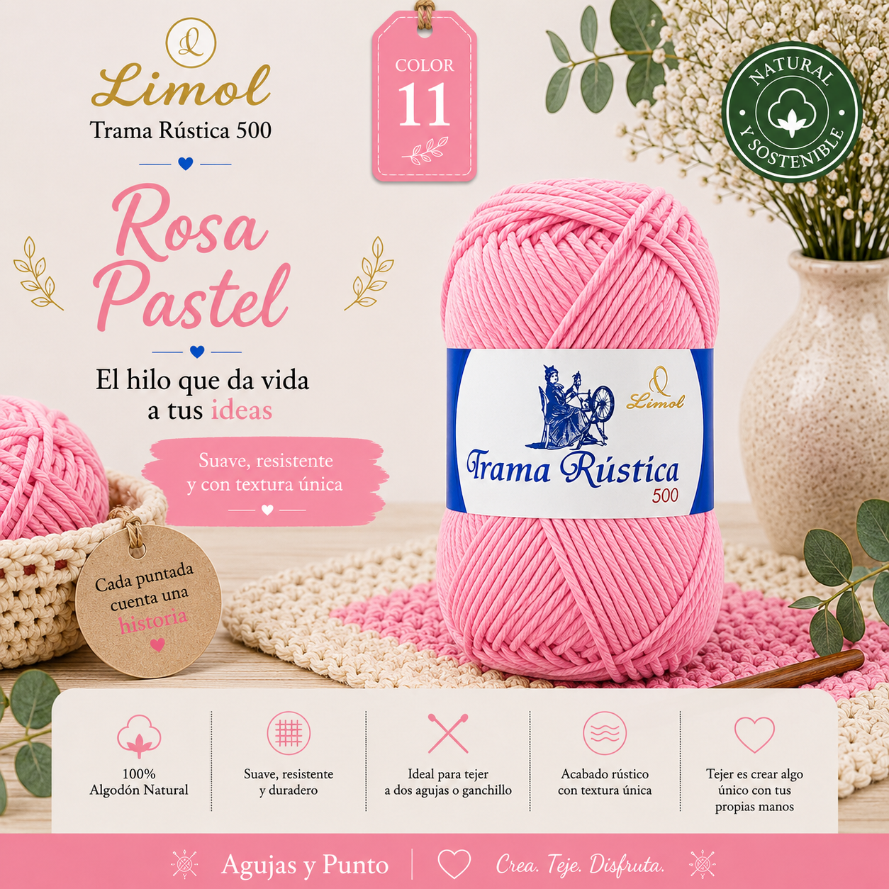 Trama Rústica 500 Limol color 11 Rosa Pastel algodón natural para crochet, punto y macramé | Agujas y Punto