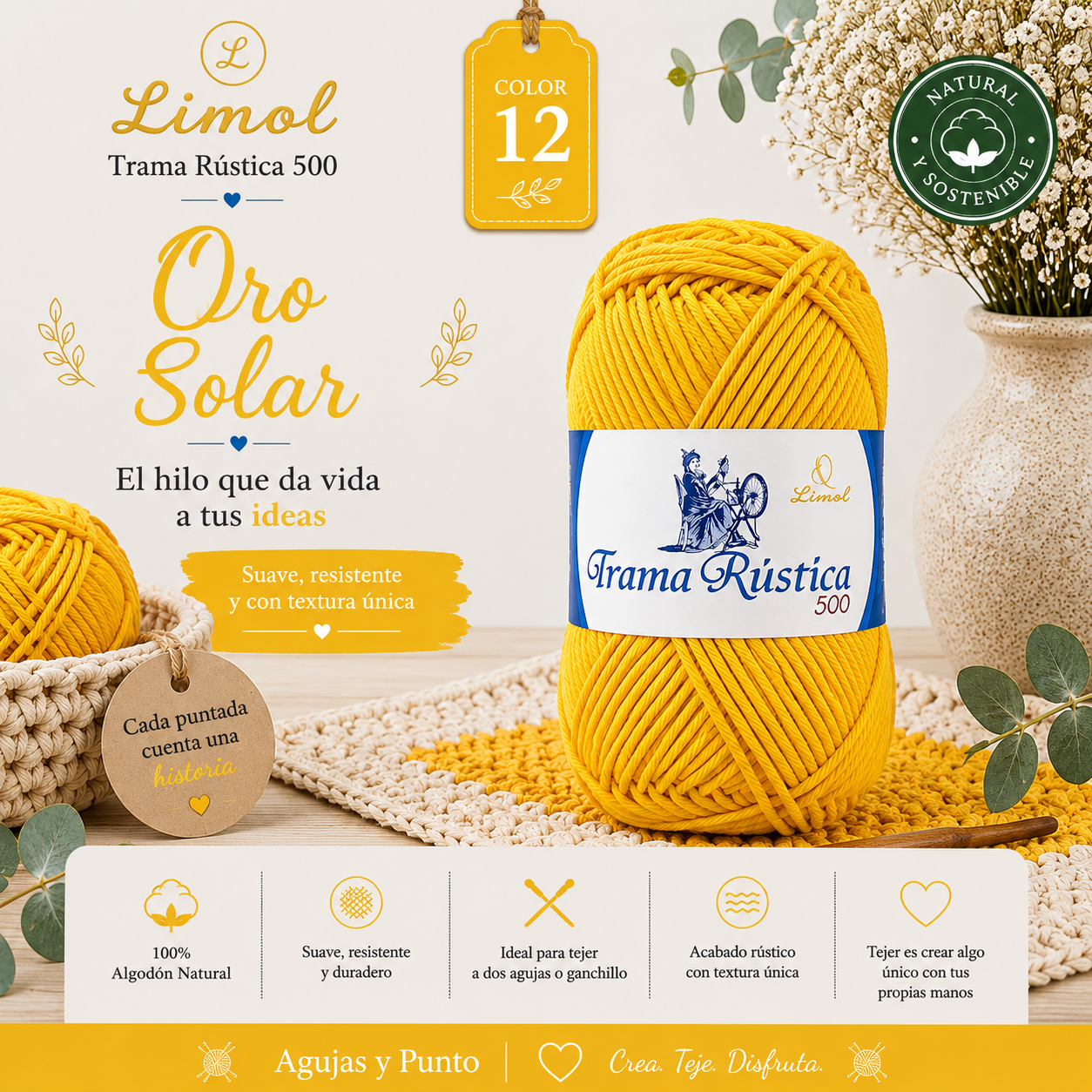 Trama Rústica 500 Limol color 12 Oro Solar algodón natural para crochet, punto y macramé | Agujas y Punto