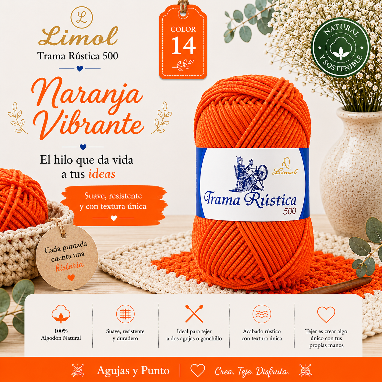Trama Rústica 500 Limol color 14 Naranja Vibrante algodón natural para crochet, punto y macramé | Agujas y Punto