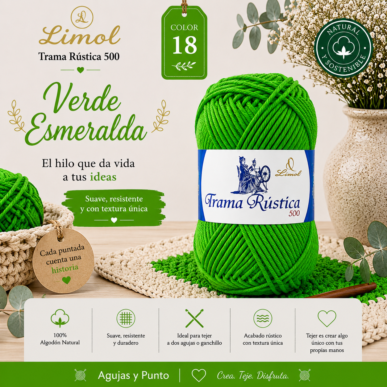 Trama Rústica 500 Limol color 18 Verde Esmeralda algodón natural para crochet, punto y macramé | Agujas y Punto