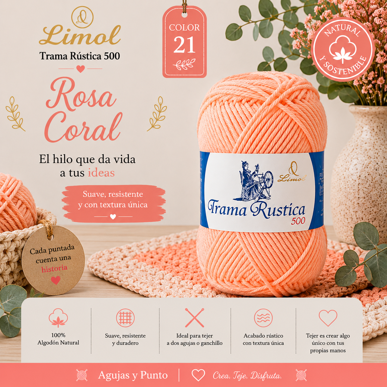 Trama Rústica 500 Limol color 21 Rosa Coral algodón natural para crochet, punto y macramé | Agujas y Punto