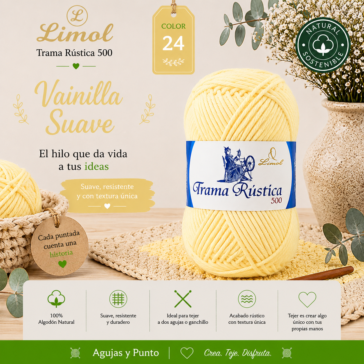 Limol Trama Rústica 500 color 24 Vainilla Suave hilo de algodón natural para crochet y dos agujas
