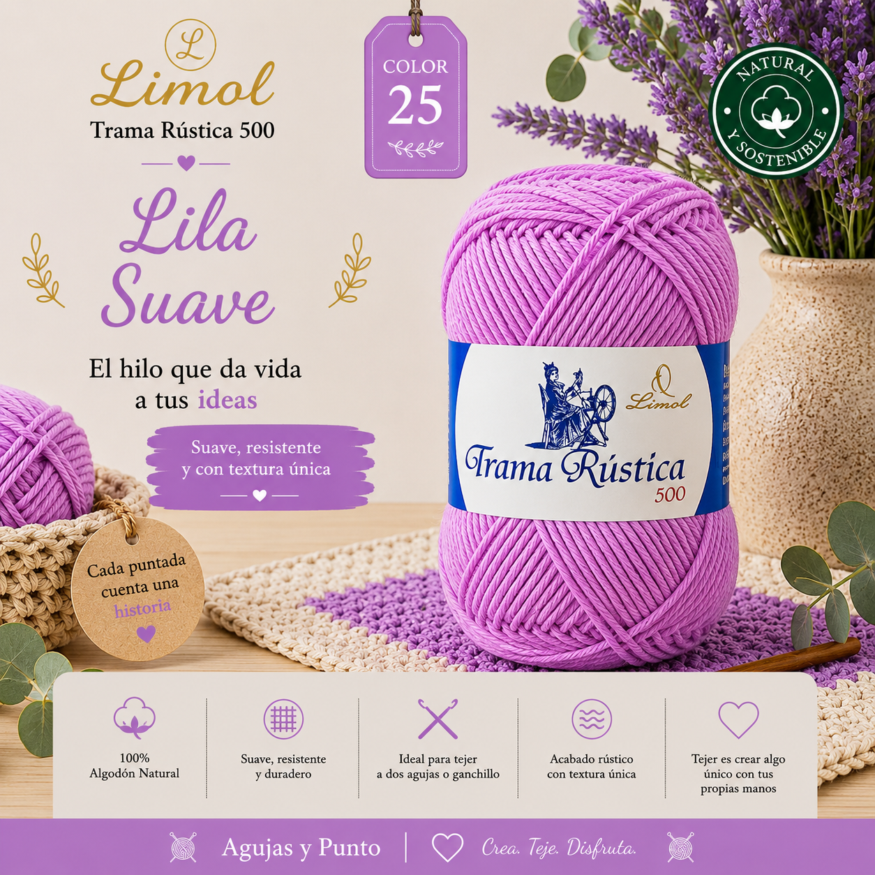 Limol Trama Rústica 500 color 25 Lila Suave hilo de algodón natural para crochet y dos agujas