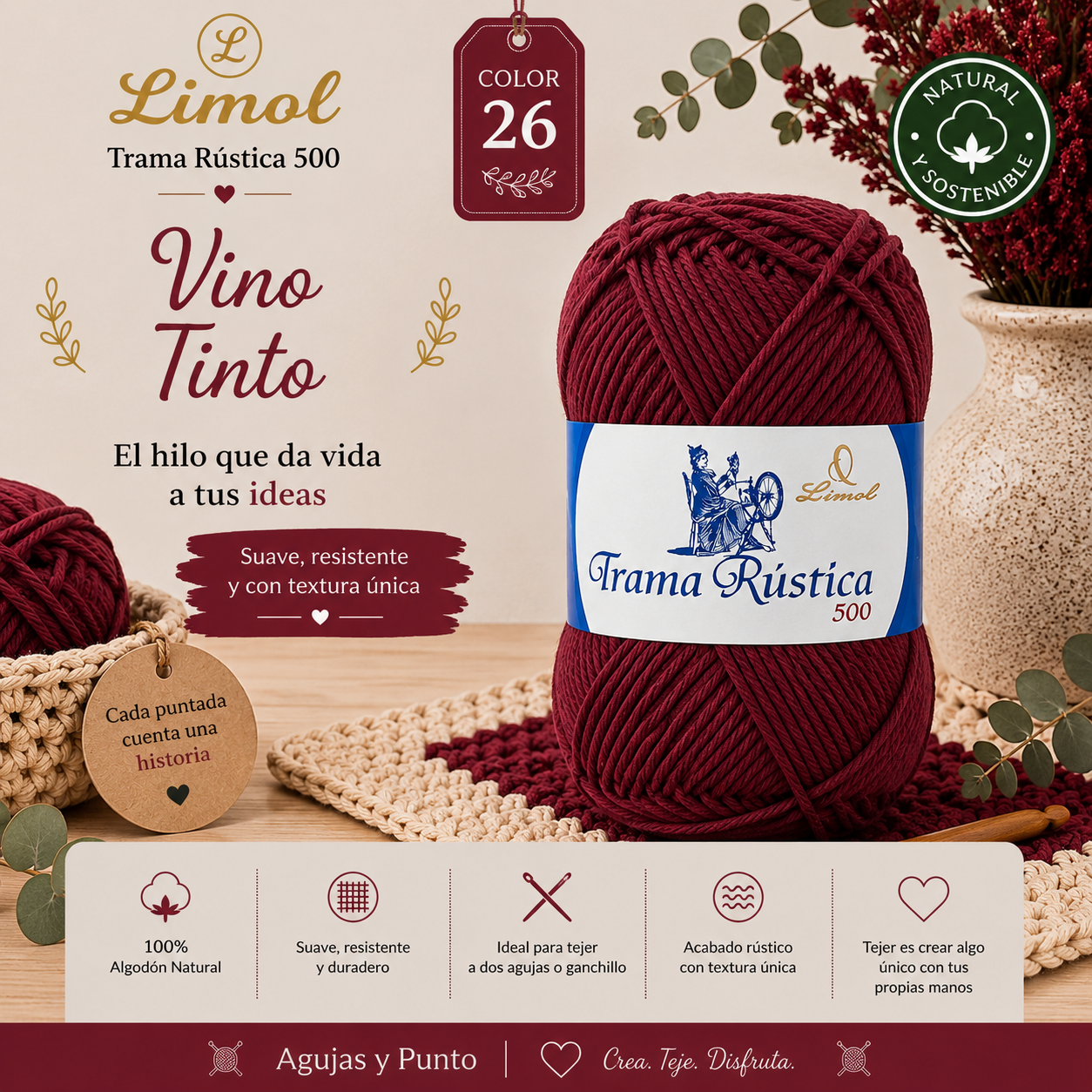 Limol Trama Rústica 500 color 26 Vino Tinto hilo de algodón natural para crochet y dos agujas