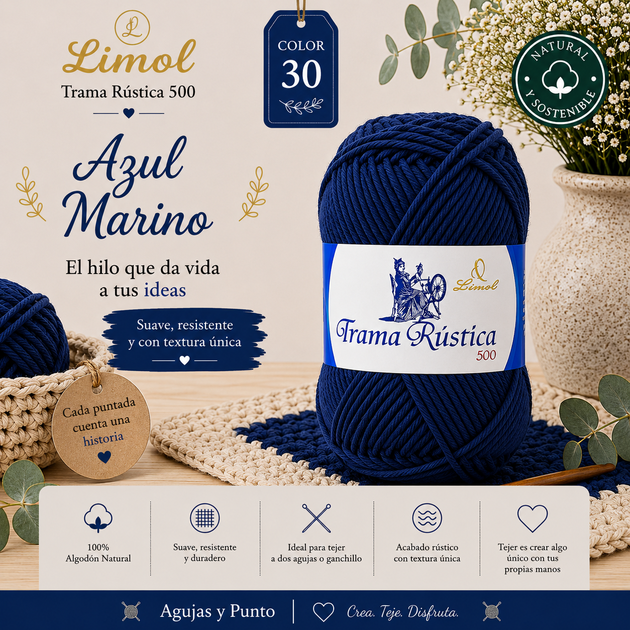 Limol Trama Rústica 500 color 30 Azul Marino hilo de algodón natural para crochet y dos agujas