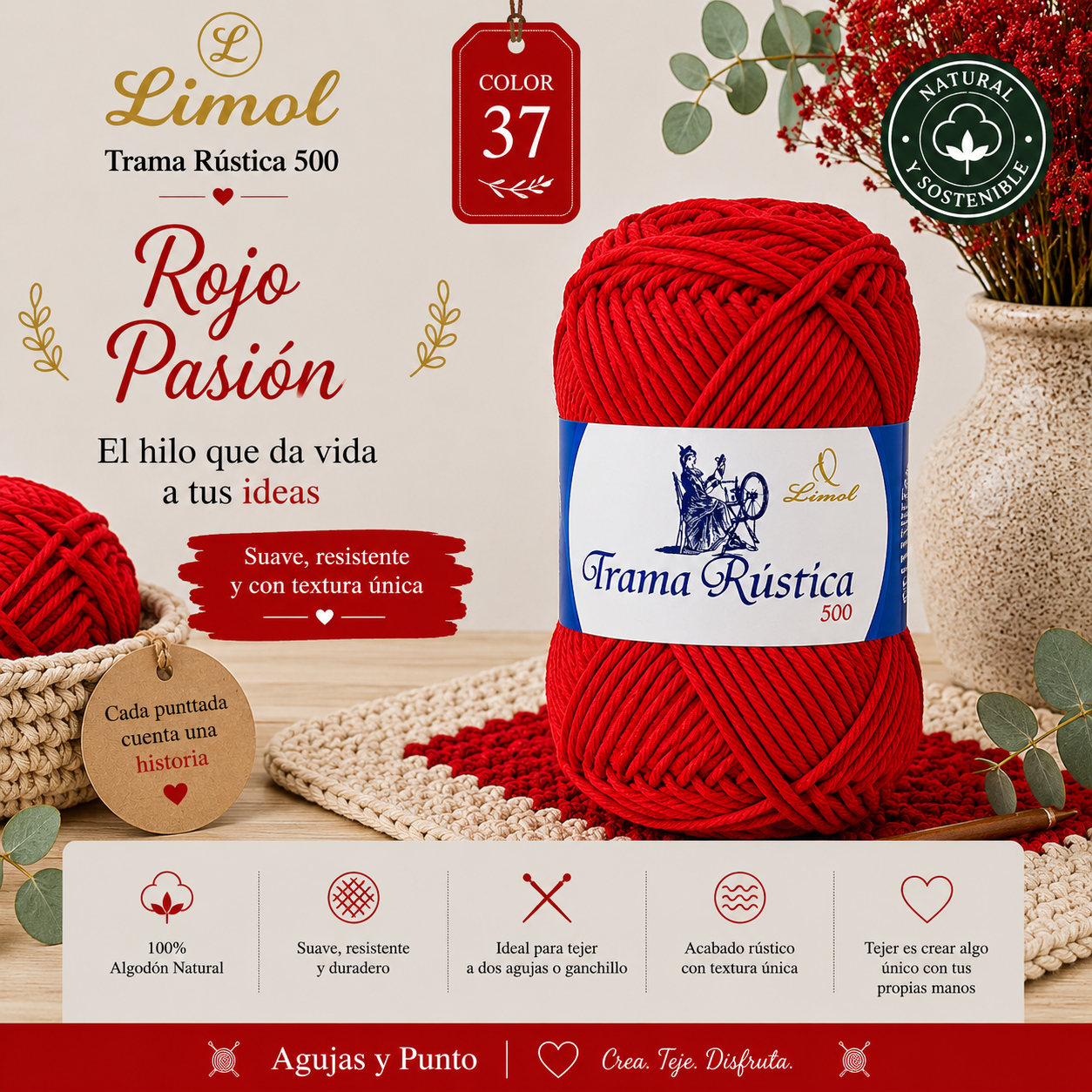Limol Trama Rústica 500 color 37 Rojo Pasión hilo de algodón natural para crochet y dos agujas