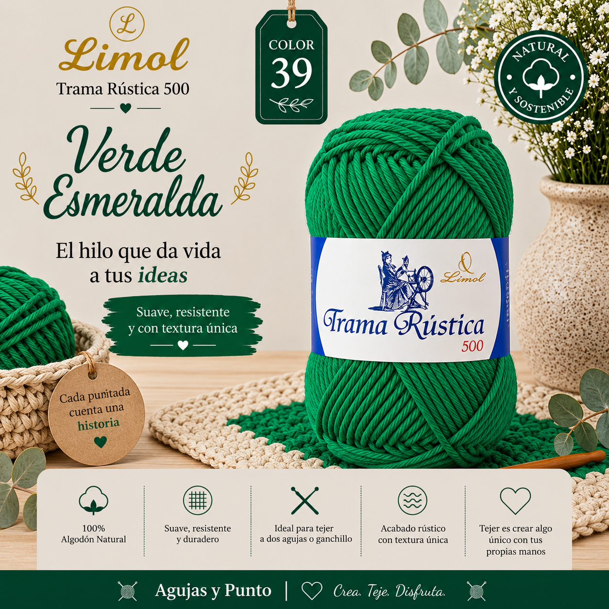 Limol Trama Rústica 500 color 39 Verde Esmeralda hilo de algodón natural para crochet y dos agujas