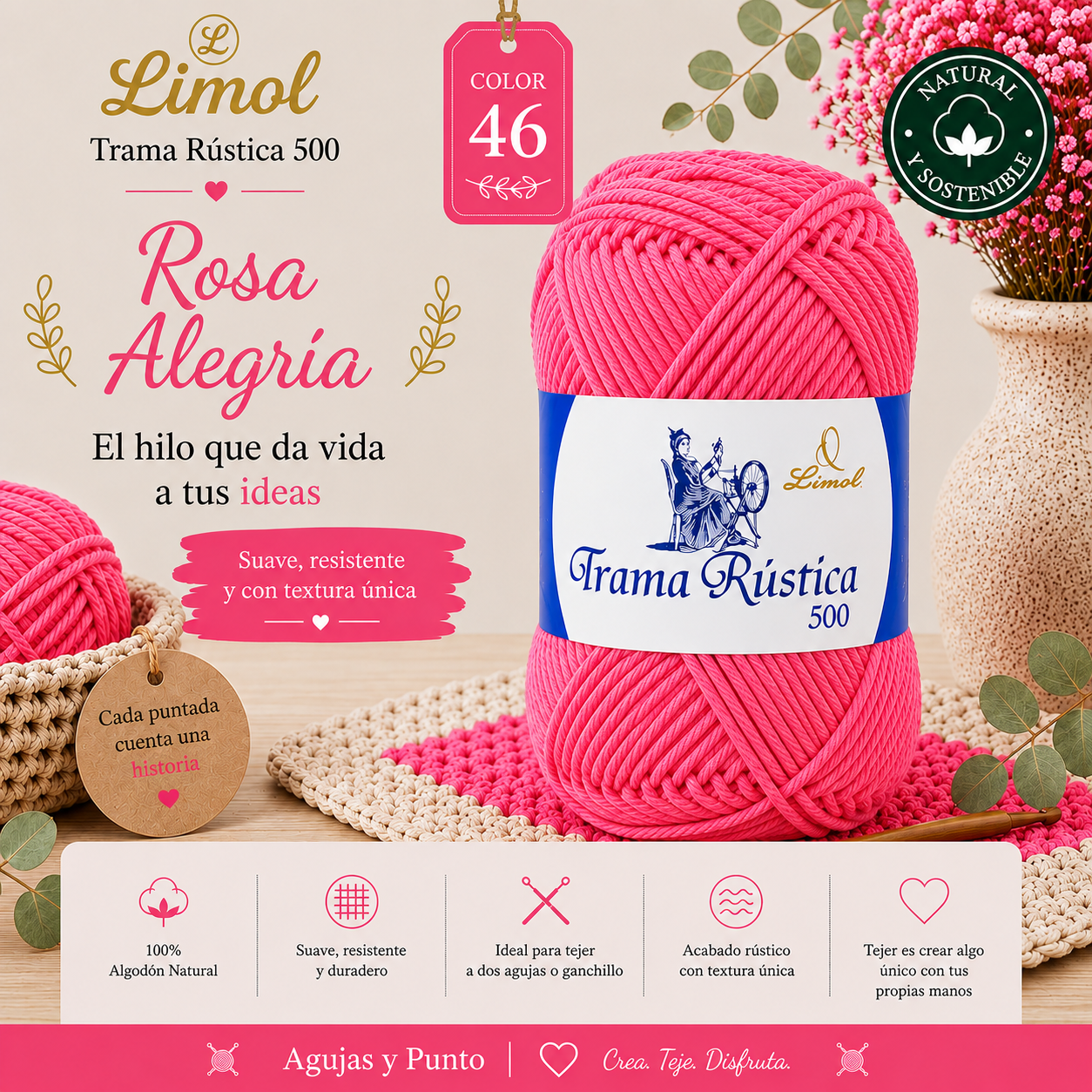 Limol Trama Rústica 500 color 46 Rosa Alegría hilo de algodón natural para crochet y dos agujas