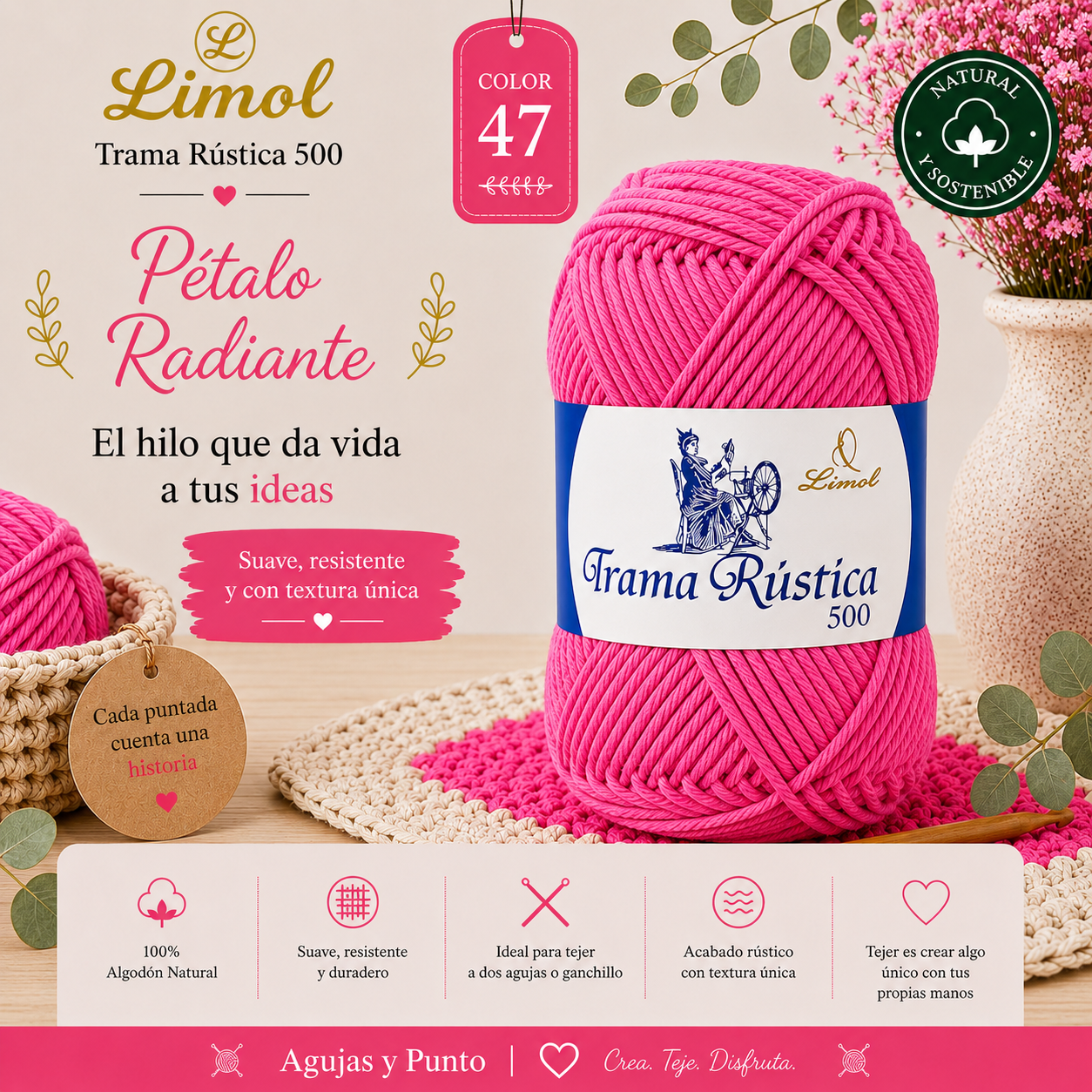 Limol Trama Rústica 500 color 47 petalo radiante hilo de algodón natural para crochet y dos agujas