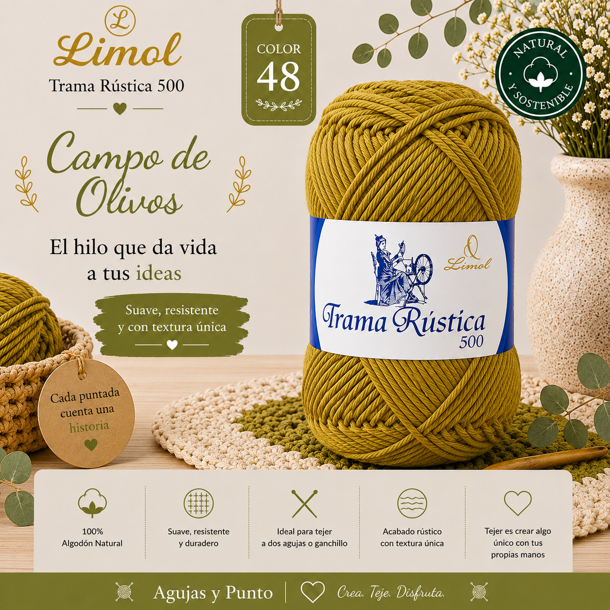 Limol Trama Rústica 500 color 48 Campo de Olivos hilo de algodón natural para crochet y dos agujas