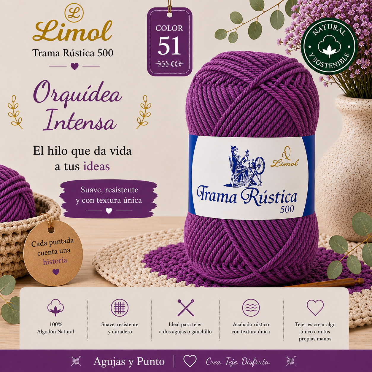 Limol Trama Rústica 500 color 51 Orquídea Intensa hilo de algodón natural para crochet y dos agujas
