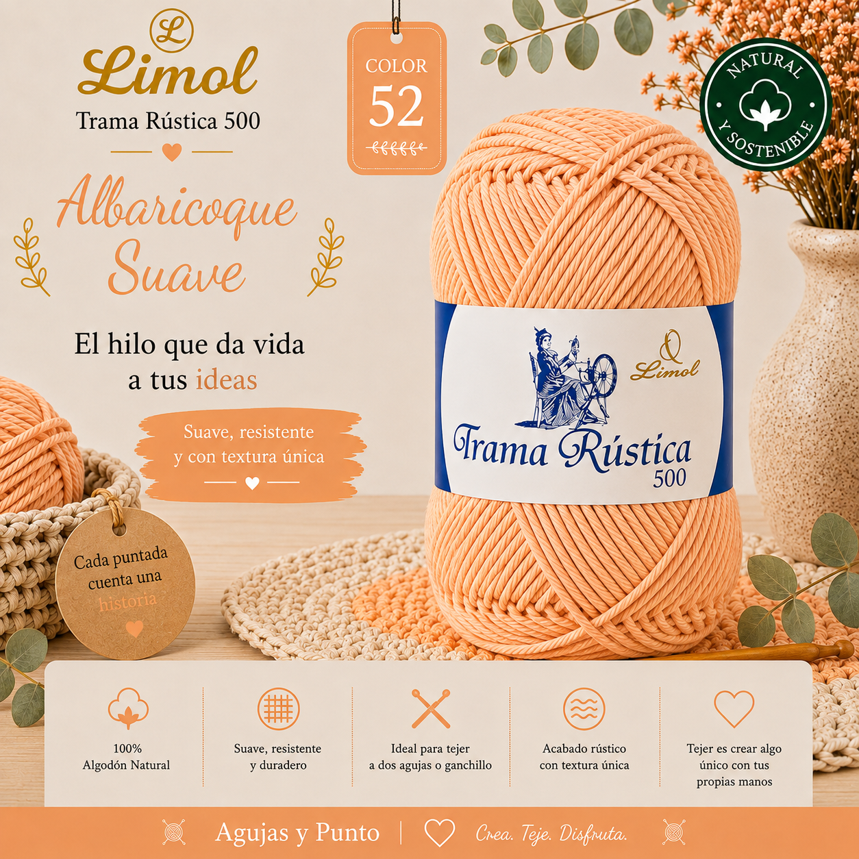 Limol Trama Rústica 500 color 52 Albaricoque Suave hilo de algodón natural para crochet y dos agujas