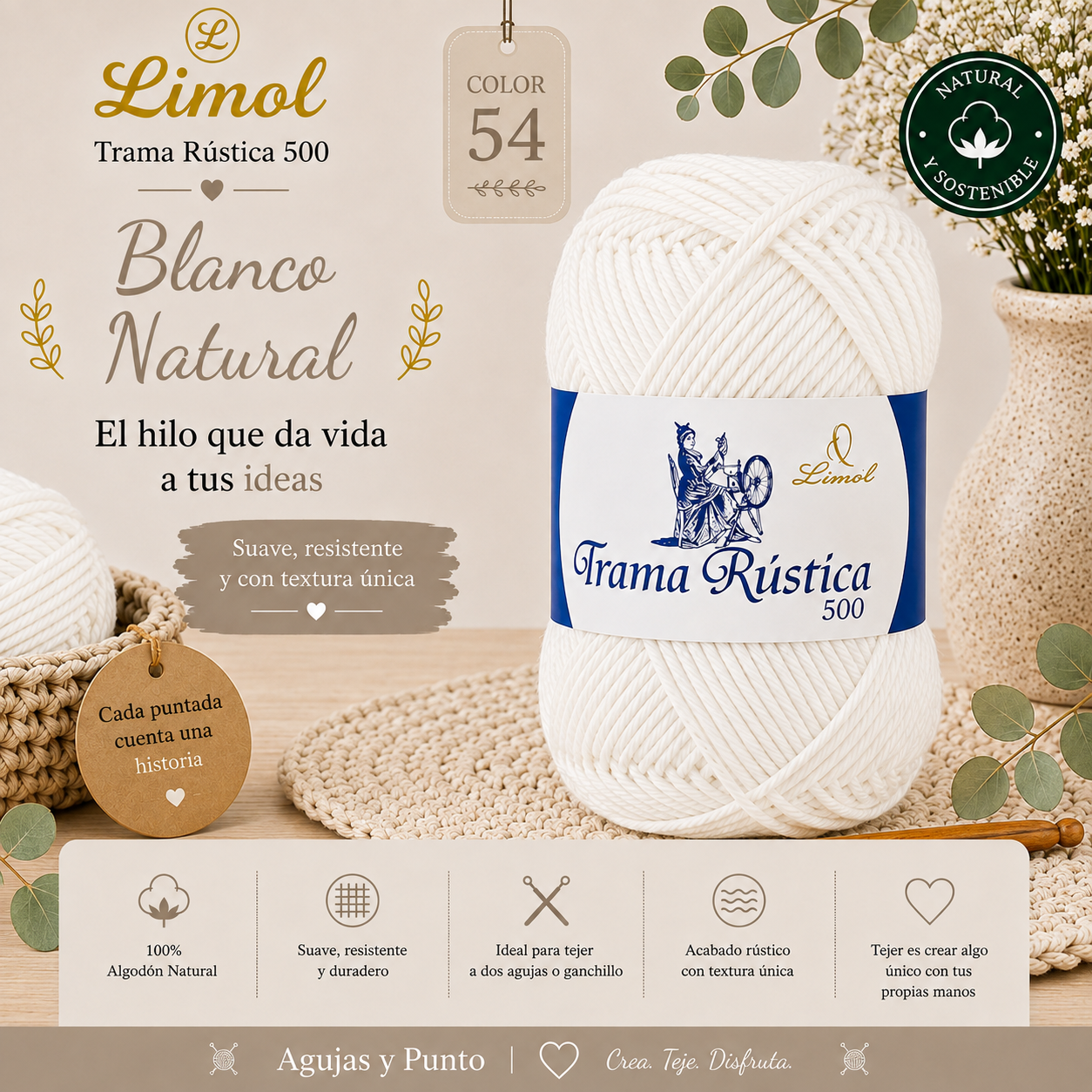 Limol Trama Rústica 500 color 54 Blanco Natural hilo de algodón natural para crochet y dos agujas