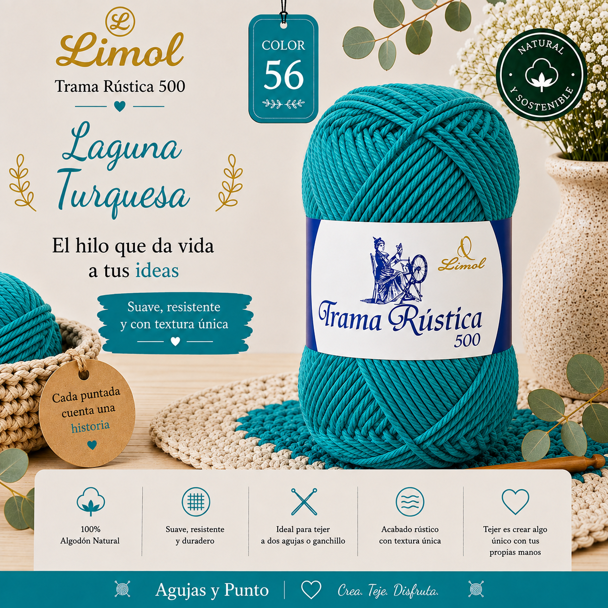 Limol Trama Rústica 500 color 56 Laguna Turquesa hilo de algodón natural para crochet y dos agujas