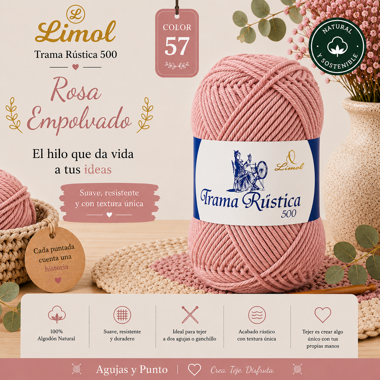 Trama Rústica 500 Limol color 57 Rosa Empolvado, hilo 100% algodón natural para crochet, tricot y decoración artesanal | Agujas y Punto
