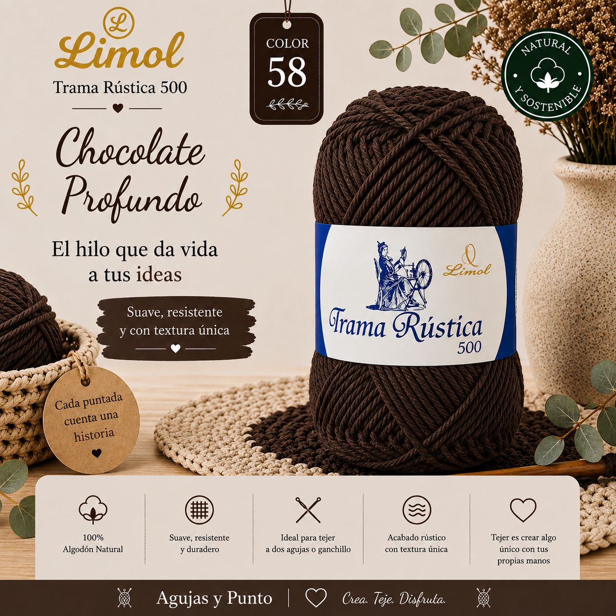 Trama Rústica 500 Limol color 58 Chocolate Profundo, hilo 100% algodón natural para crochet, tricot y proyectos handmade | Agujas y Punto