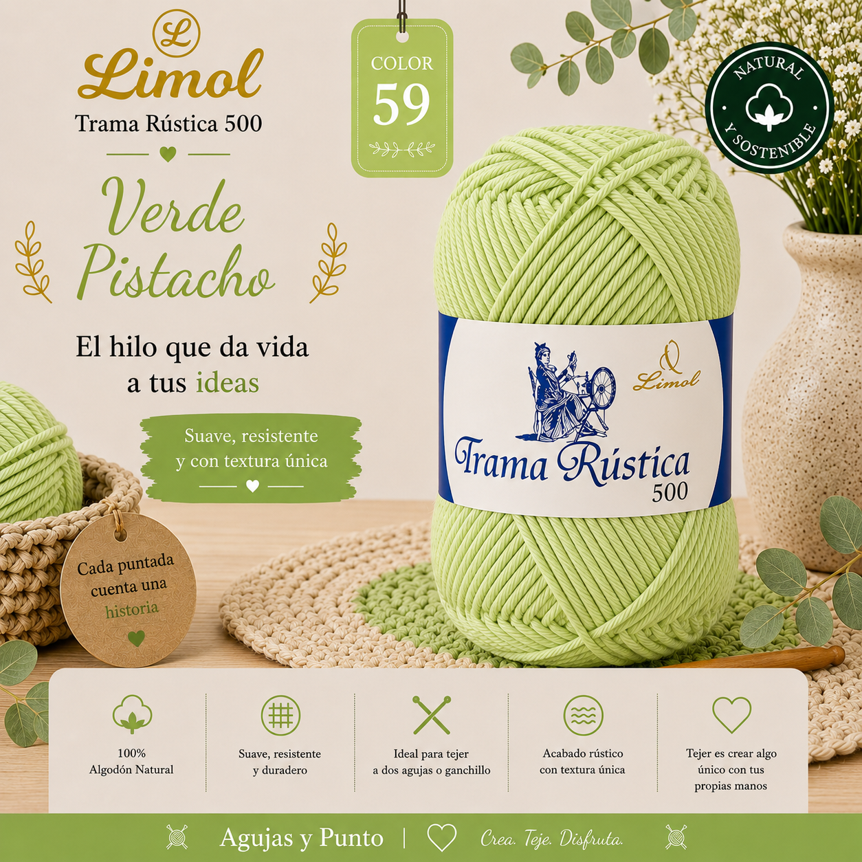 Trama Rústica 500 Limol color 59 Verde Pistacho, hilo 100% algodón natural para crochet, tricot y decoración artesanal | Agujas y Punto