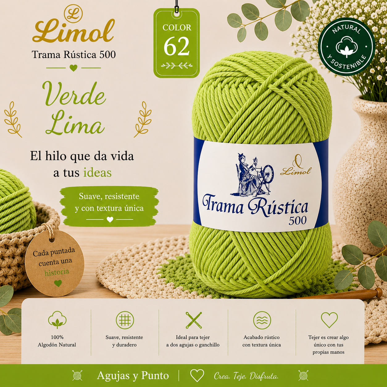Trama Rústica 500 Limol color 62 Verde Lima, hilo 100% algodón natural para crochet, tricot y manualidades creativas | Agujas y Punto