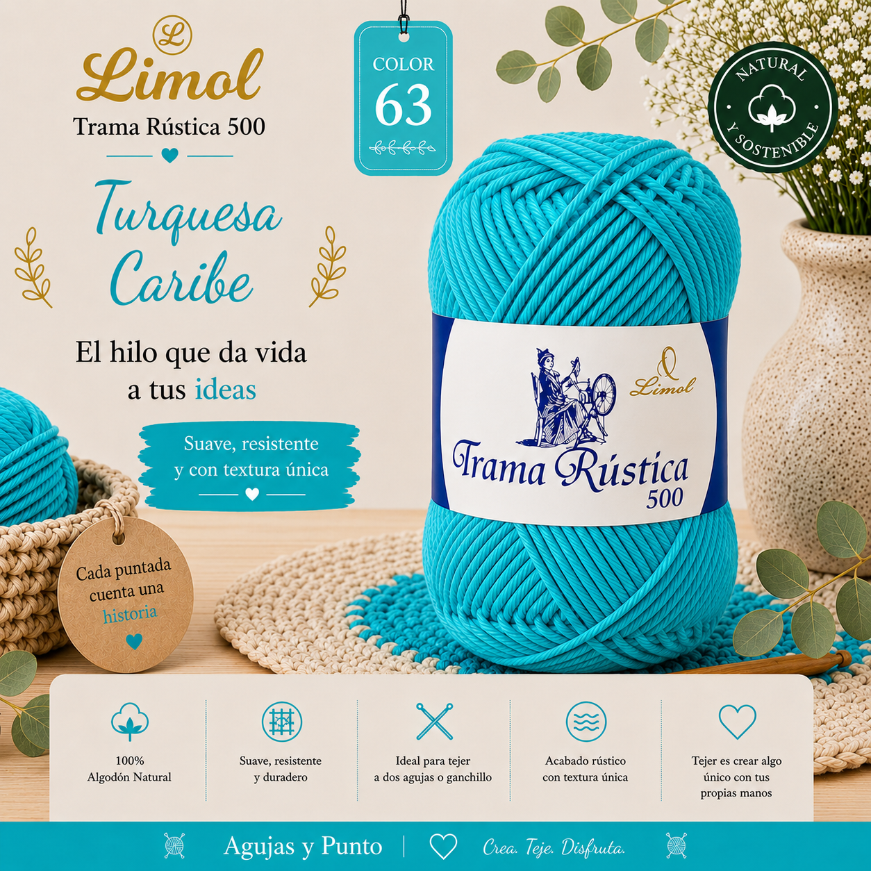 Trama Rústica 500 Limol color 63 Turquesa Caribe, hilo 100% algodón natural para crochet, tricot y decoración artesanal | Agujas y Punto