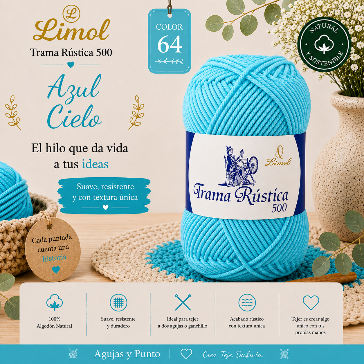Trama Rústica 500 Limol color 64 azul cielo, hilo 100% algodón natural para crochet, tricot y decoración artesanal | Agujas y Punto