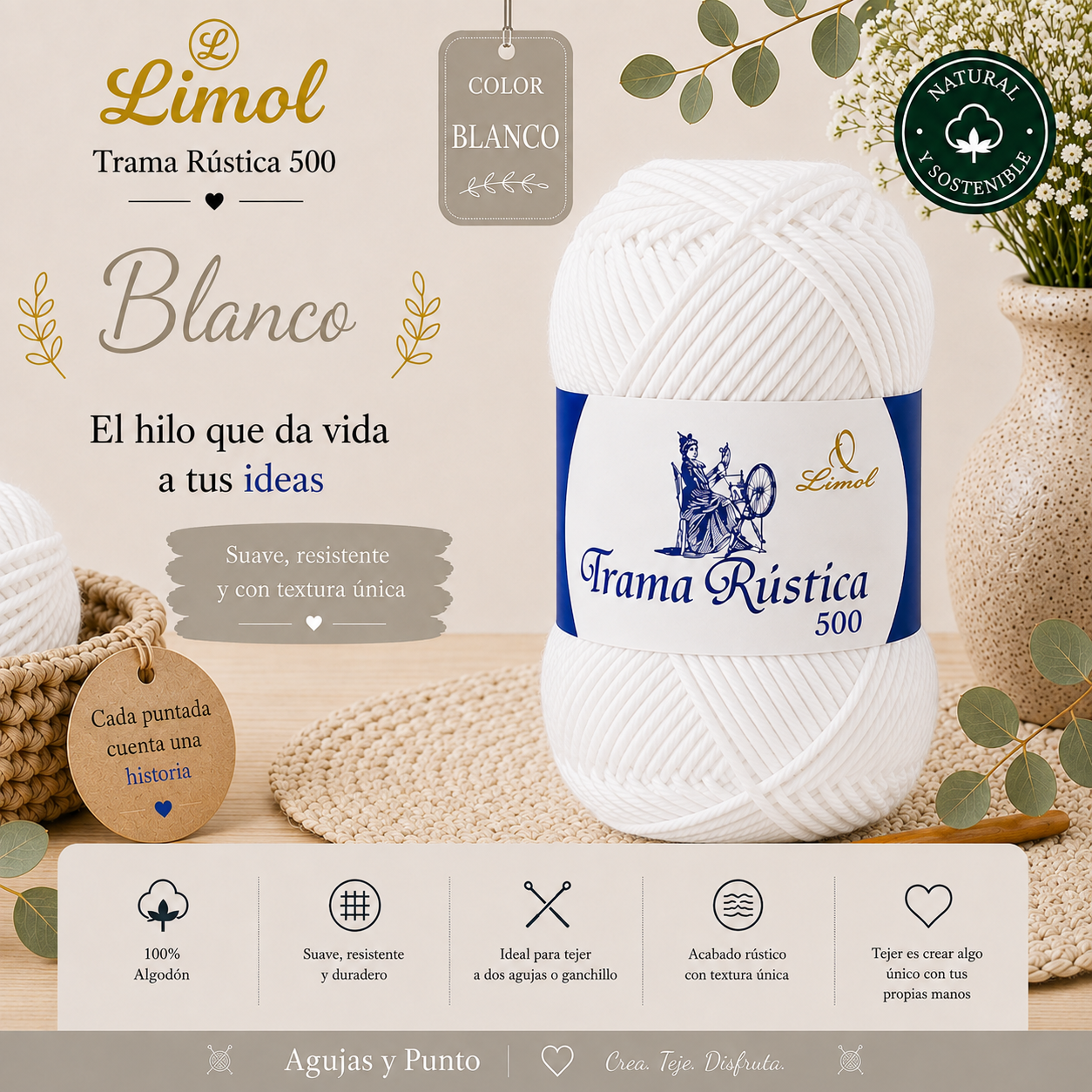 Trama Rústica 500 Limol color Blanco, hilo 100% algodón natural para crochet, tricot y decoración handmade | Agujas y Punto