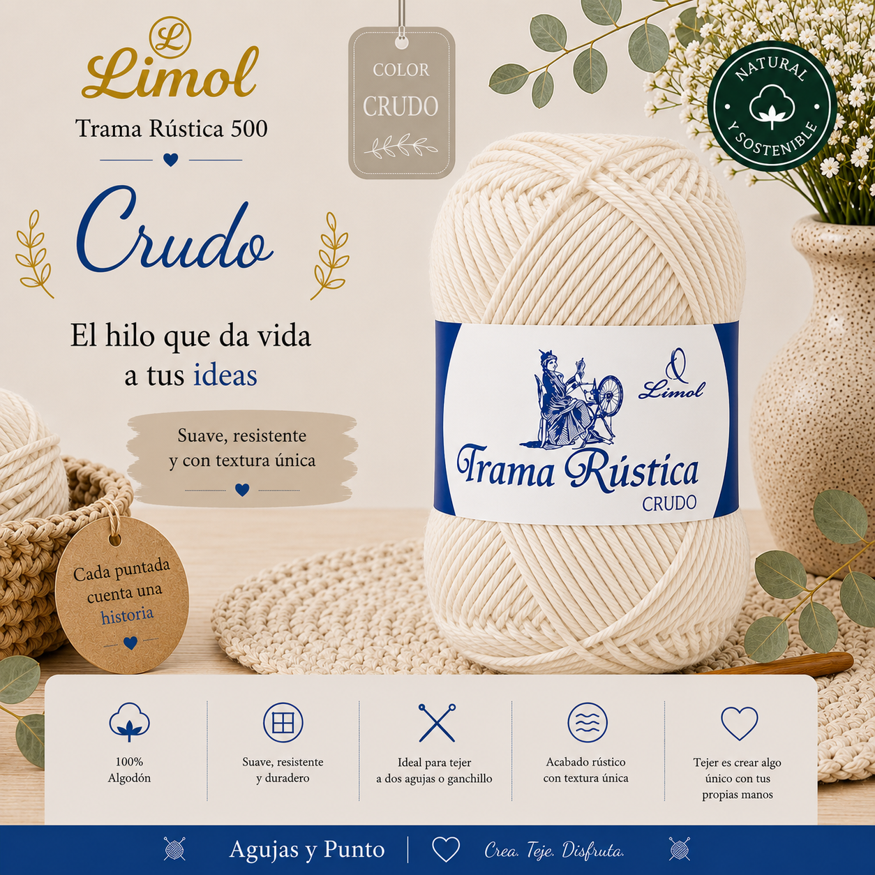 Trama Rústica 500 Limol color Crudo, hilo 100% algodón natural para crochet, tricot y proyectos de decoración artesanal | Agujas y Punto