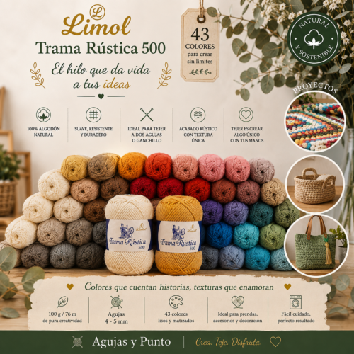Trama Rústica 500 Limol con 43 colores de algodón natural para crochet y punto | Agujas y Punto