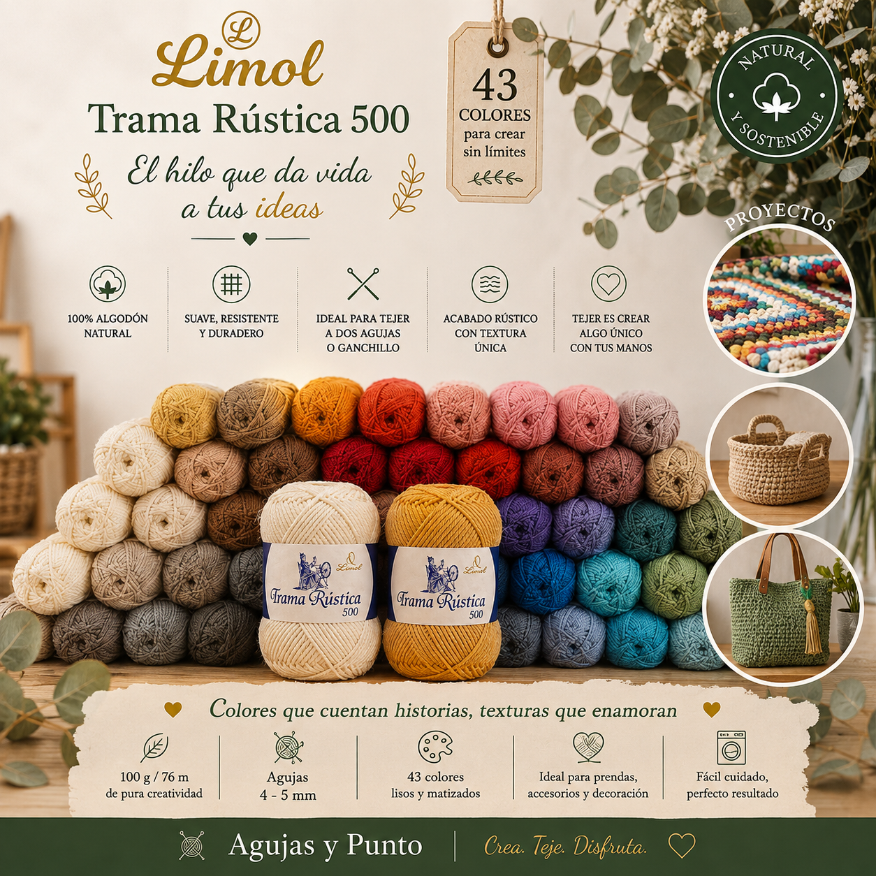 Trama Rústica 500 Limol con 43 colores de algodón natural para crochet y punto | Agujas y Punto