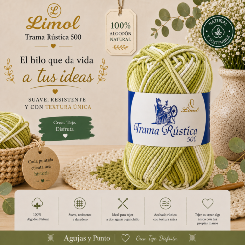 Trama Rústica 500 Limol hilo 100% algodón natural matizados 8 colores para crochet, tricot y decoración artesanal | Agujas y Punto