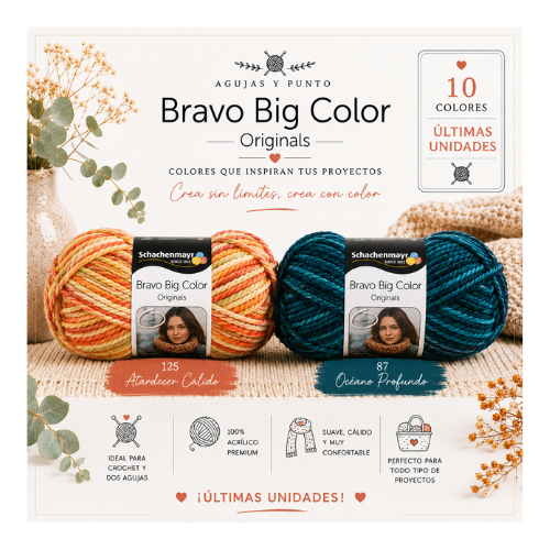 Bravo Big Color Schachenmayr 10 colores disponibles últimas unidades ovillos Atardecer Cálido 125 y Océano Profundo 87 para crochet y dos agujas