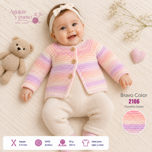 Bebé con cardigan tejido a mano utilizando Schachenmayr Bravo Color 2106 Durazno Suave en tonos rosa pastel y lavanda