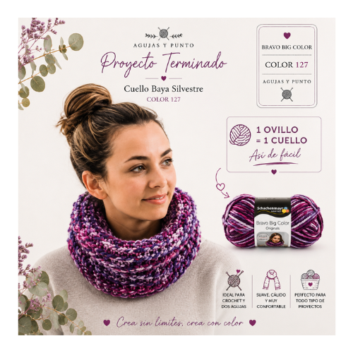 Cuello tejido con Bravo Big Color color 127 Baya Silvestre realizado con un solo ovillo Schachenmayr proyecto terminado para crochet y dos agujas