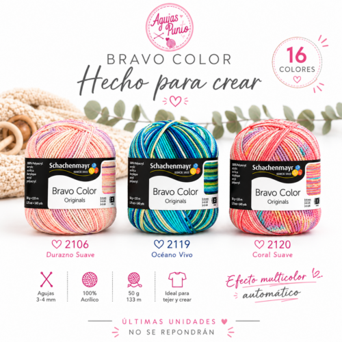 Colección Schachenmayr Bravo Color con 16 colores multicolor para crochet y tricot disponibles en Agujas y Punto