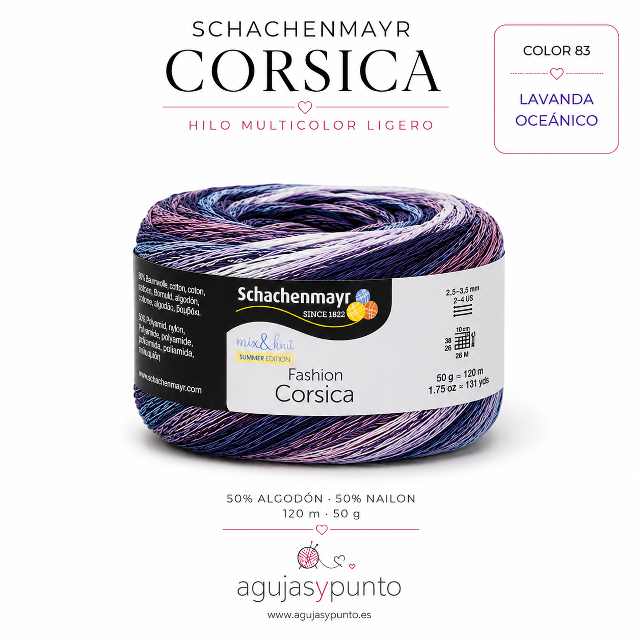 Ovillo Schachenmayr Corsica color 83 Lavanda Oceánico con degradados en azul denim, malva suave, gris perla y azul marino, ideal para crochet y punto de verano