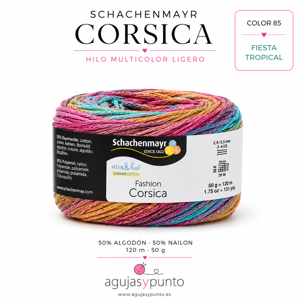 Ovillo Schachenmayr Corsica color 85 Fiesta Tropical con tonos fucsia, turquesa, coral, arena y malva, ideal para tops, chales y accesorios de crochet de verano