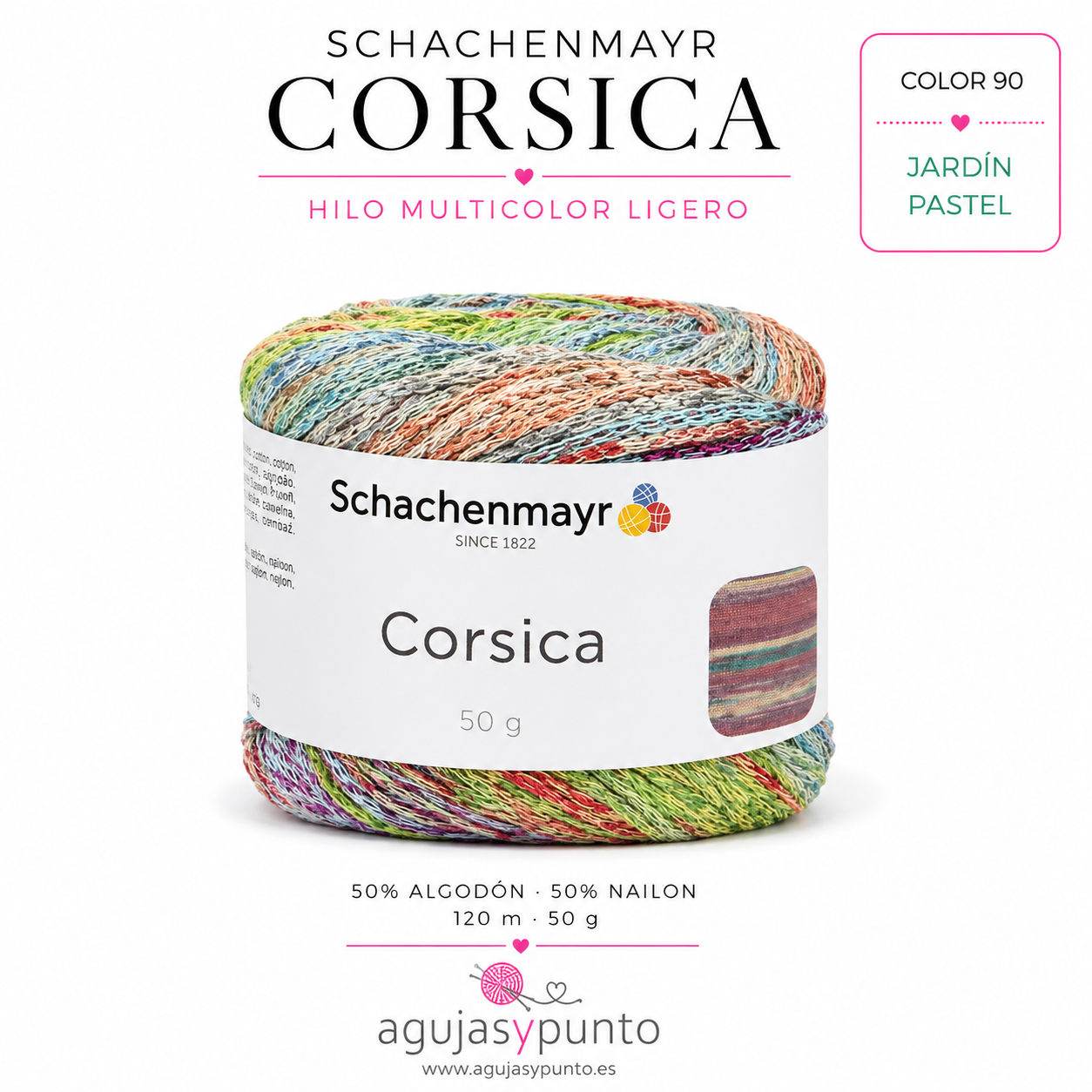 Ovillo Schachenmayr Corsica color 90 Jardín Pastel con tonos verde manzana, azul cielo, coral suave, amarillo limón y matices lavanda, ideal para prendas y accesorios de verano