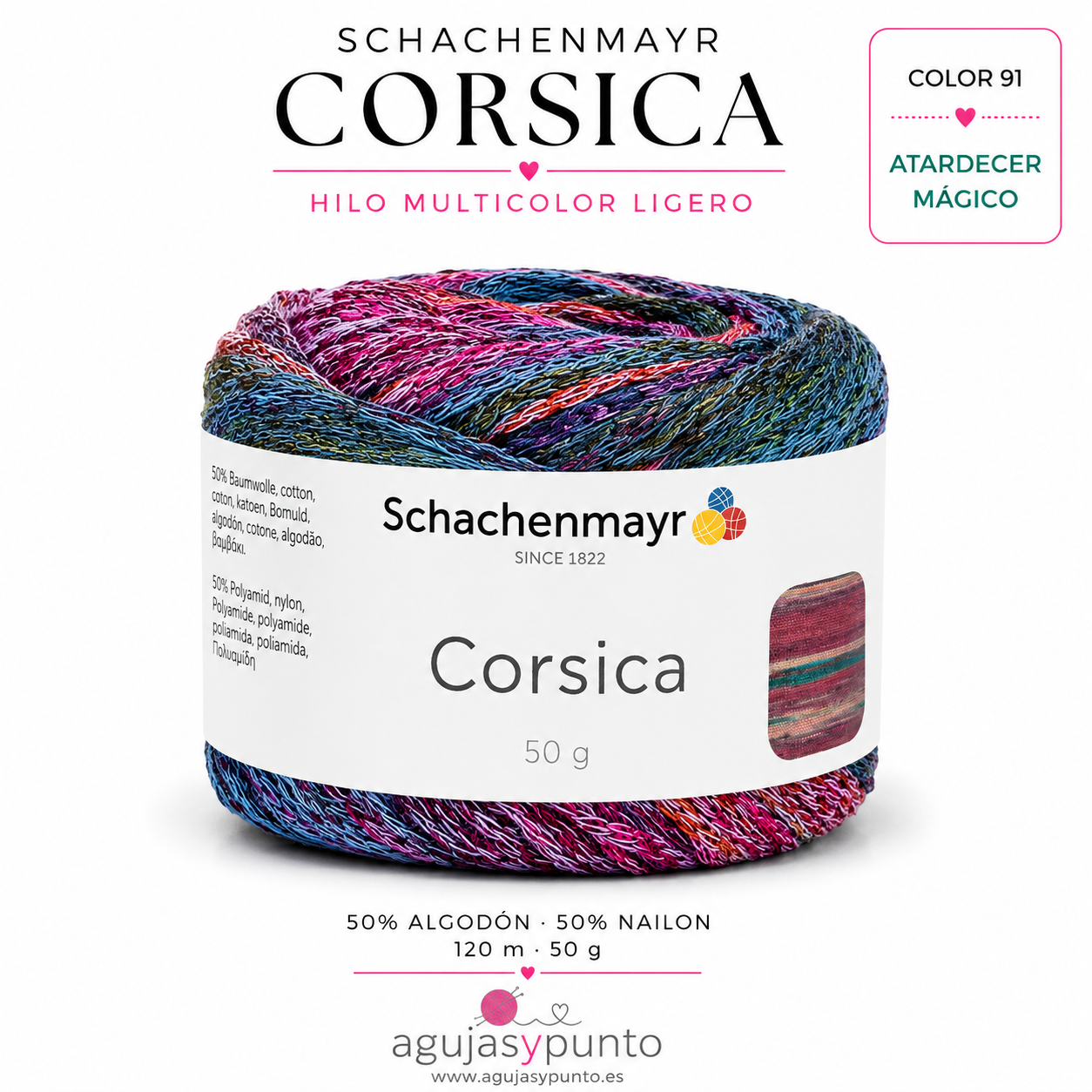 Ovillo Schachenmayr Corsica color 91 Atardecer Mágico con tonos azul petróleo, fucsia, violeta, magenta y toques coral, ideal para chales, atrapasueños y accesorios de crochet
