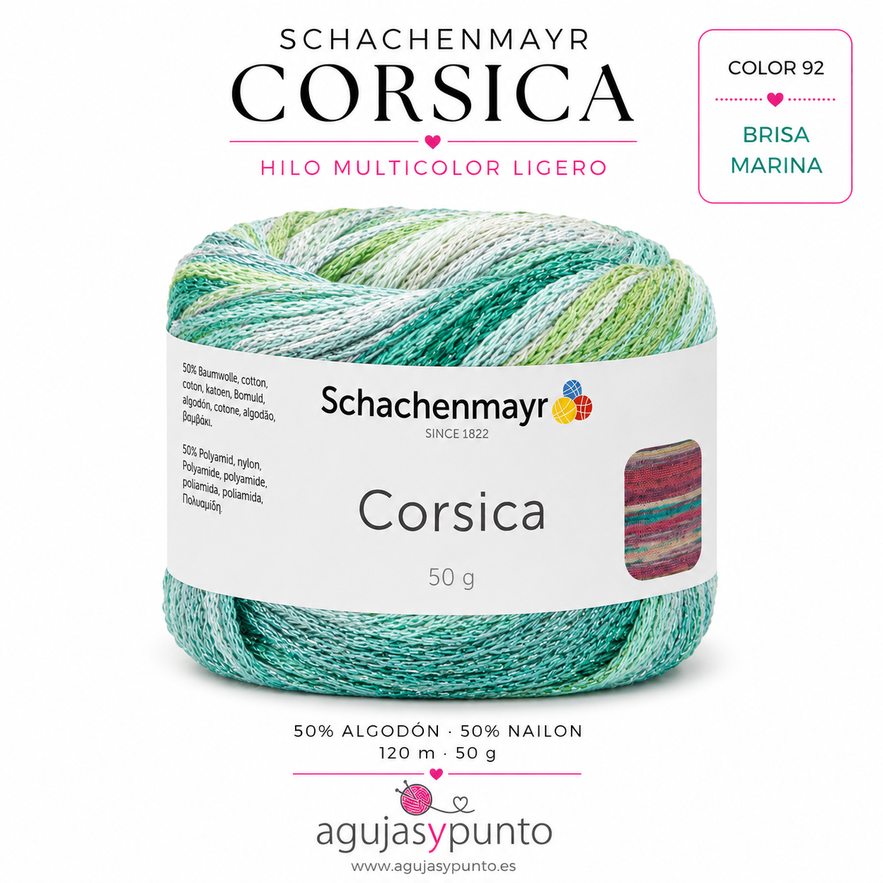Ovillo Schachenmayr Corsica color 92 Brisa Marina con tonos verde agua, turquesa suave, blanco roto y verde lima, ideal para blusas, chales y proyectos de crochet veraniegos