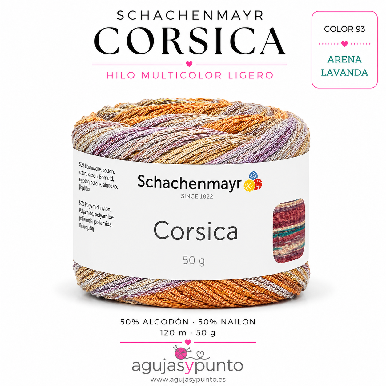 Ovillo Schachenmayr Corsica color 93 Arena Lavanda con tonos arena dorada, lavanda suave, beige natural y matices crema, ideal para blusas, chales y accesorios de verano
