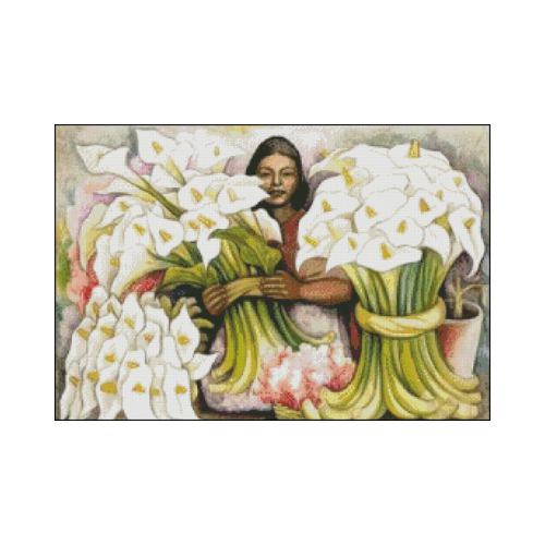 vendedora de flores en punto de cruz