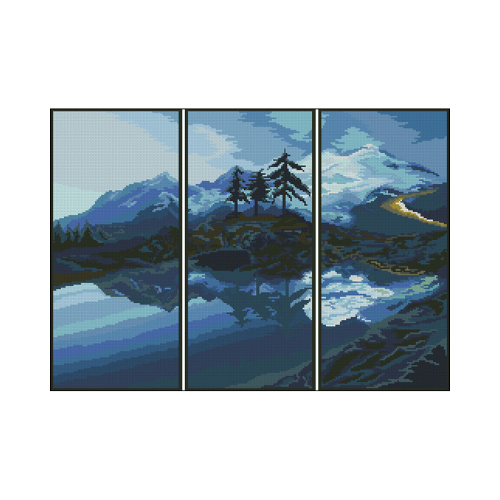 lago en la montaña en punto de cruz