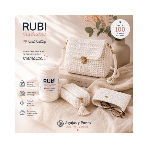 Ovillo Rubí Macramé color 100 Blanco con bolso crochet elegante y asas de bambú. Hilo tubular de polipropileno ideal para bolsos y accesorios. Agujas y Punto.
