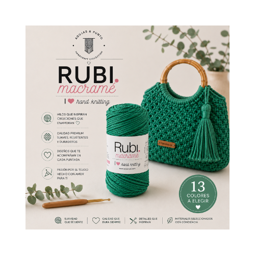 Rubí Macramé hilo tubular de polipropileno disponible en 13 colores para bolsos de crochet y macramé