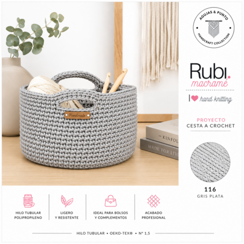 Cesta de crochet realizada con Rubí Macramé color 116 gris plata para organización y decoración del hogar