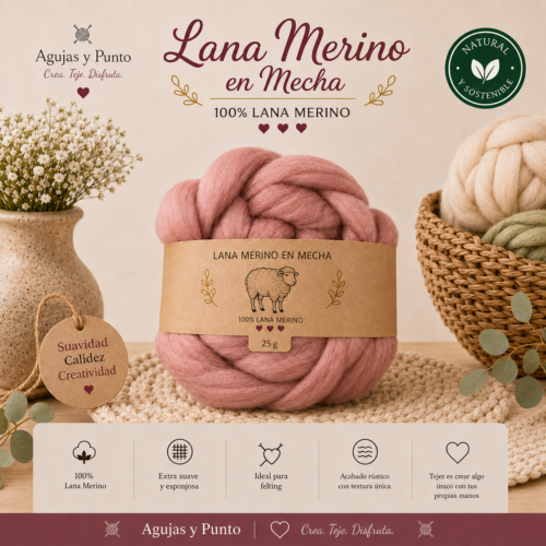 Lana Merino en Mecha 25 g 100% lana merino natural de Agujas y Punto ideal para fieltro, tejido XXL, tricot, crochet y manualidades artesanales.